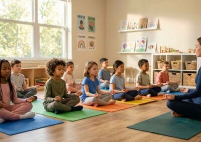 Kinder sitzen ruhig auf Yogamatten im Klassenzimmer beim Achtsamkeitstraining