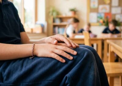 Kinderhände in entspannter Meditationshaltung auf den Knien im Klassenzimmer