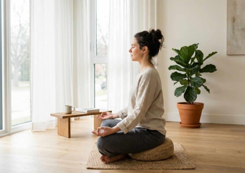 Frau in aufrechter, entspannter Meditationshaltung auf einem Meditationskissen; der Rücken als natürliche Aufrichtung ohne Anspannung