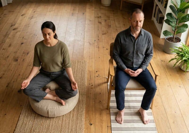 Zwei Menschen in unterschiedlichen Meditationssitzen: Schneidersitz auf dem Boden und Stuhlmeditation im Vergleich