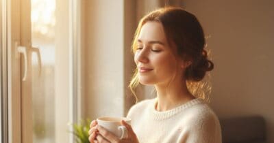 Frau lächelt am Fenster im Morgenlicht. Symbolbild für Selbstwert stärken