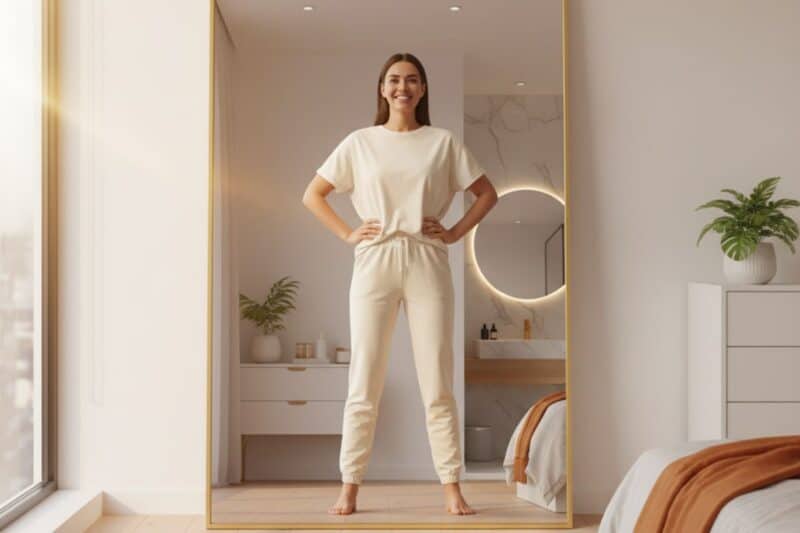 Frau in Power-Pose vor Spiegel – praktische Übungen zum Selbstvertrauen stärken und Selbstbewusstsein aufbauen