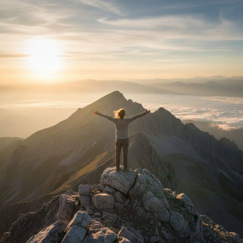 Person auf Berggipfel bei Sonnenaufgang symbolisiert innere Stärke und Selbstvertrauen nach Betrug