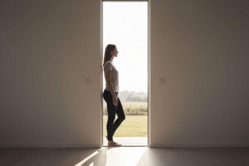 Frau steht an offener Tür zum Licht als Symbol für Neuanfang und Selbstvertrauen nach Vertrauensbruch