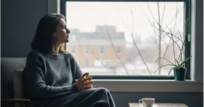 Frau in Selbstreflexion am Fenster symbolisiert Selbstvertrauen nach Betrug wiederfinden