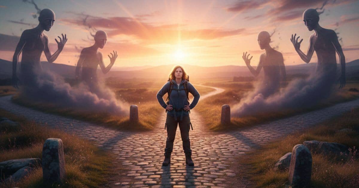 Person steht selbstbewusst an einer Weggabelung und blickt auf einen hellen Weg, während dunkle Schatten hinter ihr verblassen – symbolisiert das Überwinden von Selbstzweifeln