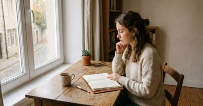 Person sitzt nachdenklich vor einem leeren Notizbuch – Symbol für gescheiterte gute Vorsätze und den Neustart