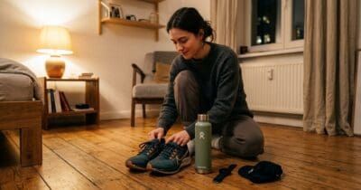 Sportschuhe und Wasserflasche bereitgelegt für den nächsten Morgen – Symbol für gute Vorsätze voller Hoffnung