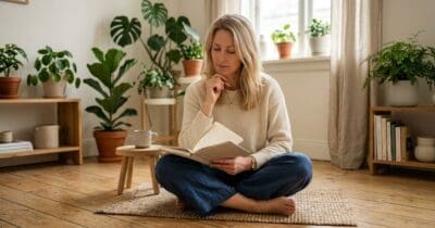 Frau sitzt nachdenklich mit Notizbuch – eigene Werte finden