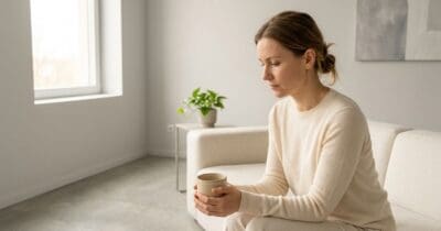 Frau sitzt still in einem hellen, modernen Raum – Metapher für innere Stille und das Innehalten beim Grübeln