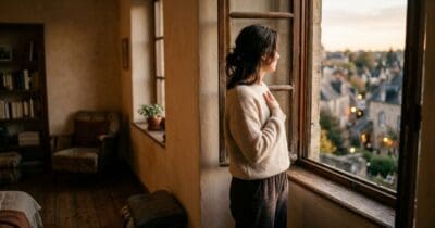Frau steht ruhig am Fenster und legt eine Hand auf ihre Brust, Symbolbild für emotionale Selbstregulation bei Ablehnung