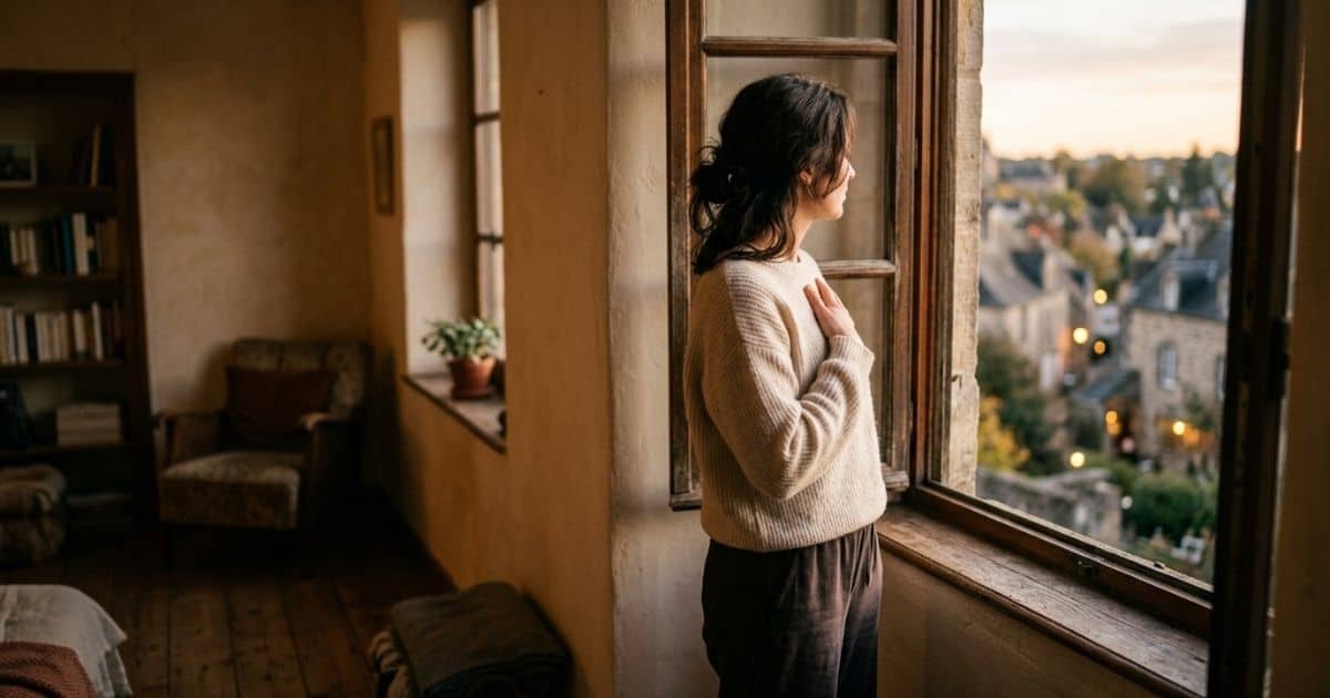 Frau steht ruhig am Fenster und legt eine Hand auf ihre Brust, Symbolbild für emotionale Selbstregulation bei Ablehnung