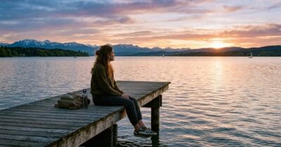 Person sitzt entspannt am See im Abendlicht, Symbolbild für innere Ruhe nach der Verarbeitung von Ablehnung