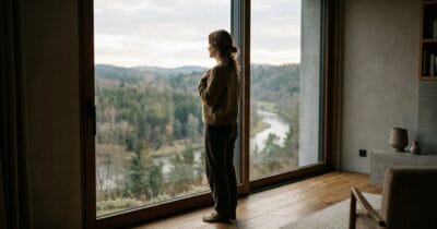 Frau steht am Fenster mit Hand auf der Brust – Körper Geist Seele Verbindung und Bewusstsein