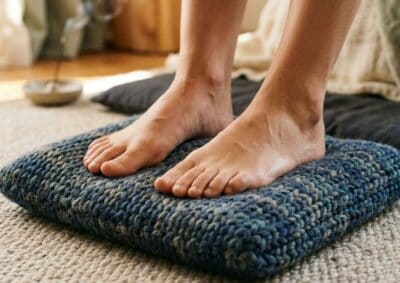 Geerdete Füße einer Person in Meditationshaltung als Symbol für somatische Regulation