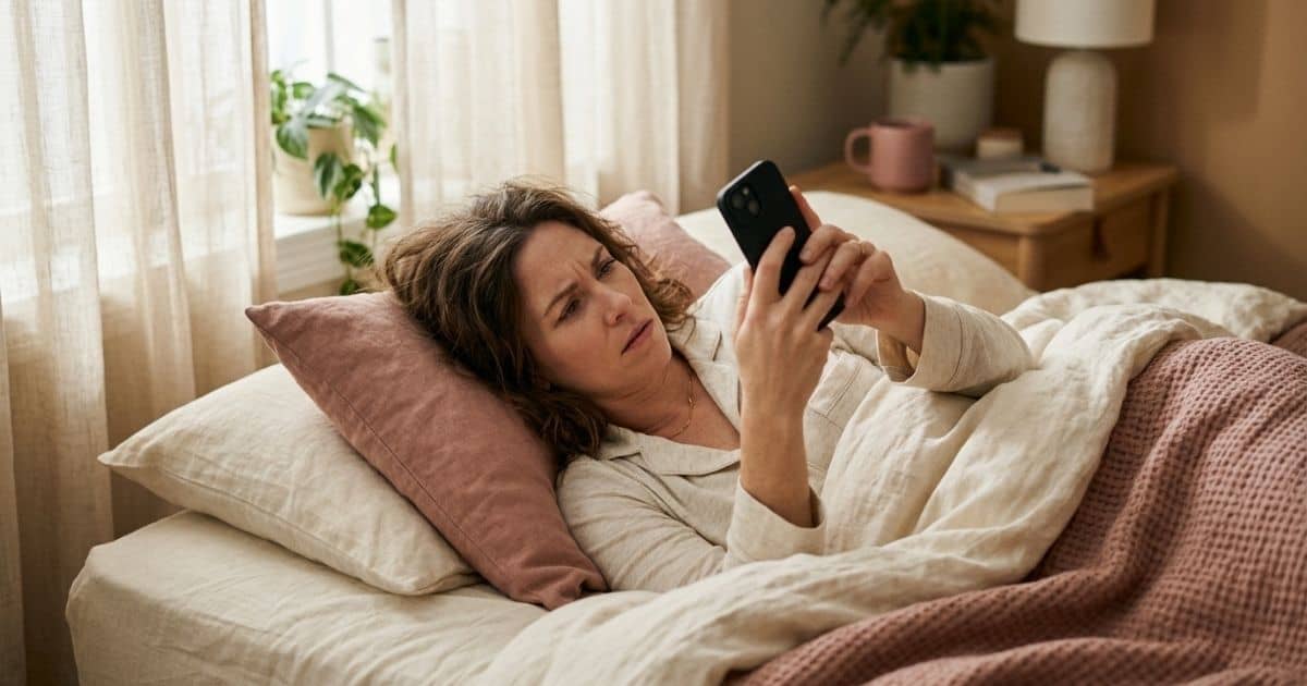 Frau scrollt morgens im Bett durch Nachrichten und wirkt angespannt