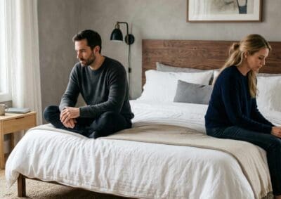 Paar sitzt mit Abstand auf dem Bett – emotionale Distanz durch Leistungsdruck und Sexualität unter Druck