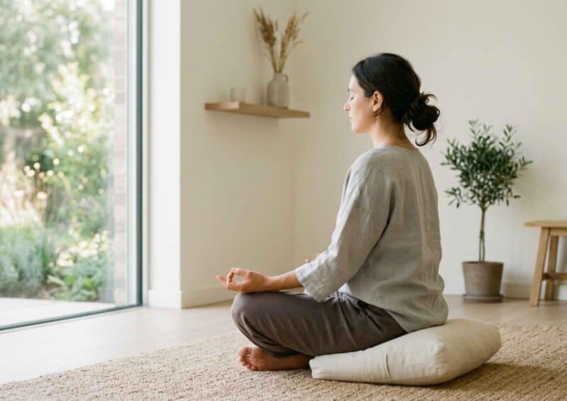 Frau in tiefer Entspannung – Hypnose und Meditation als Weg zur somatischen Sicherheit beim Kinderwunsch.