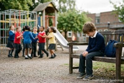 Kind sitzt allein auf Schulhof – Körpergedächtnis und Beziehungsangst entstehen oft in der Kindheit