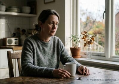 Frau sitzt allein am Tisch mit leerem Blick – Stimmungsbild depressive Episode Herbst