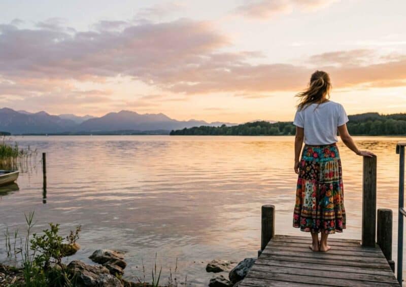 Person steht ruhig am See im Abendlicht, Symbolbild für innere Stärke und Gelassenheit nach dem Training mit Ablehnungstherapie