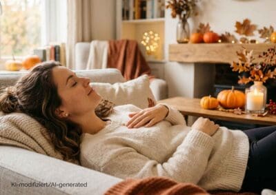  Frau liegt entspannt auf Sofa – Selbstfürsorge Herbst Nervensystemregulation