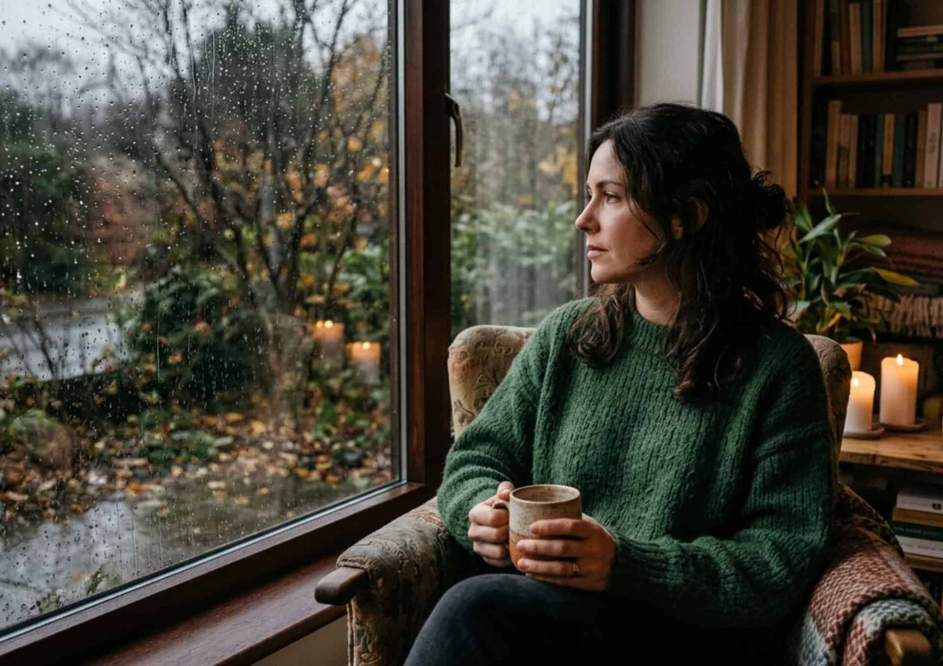 Frau sitzt nachdenklich am Herbstfenster mit Tasse in der Hand – Novemberblues Stimmungsbild