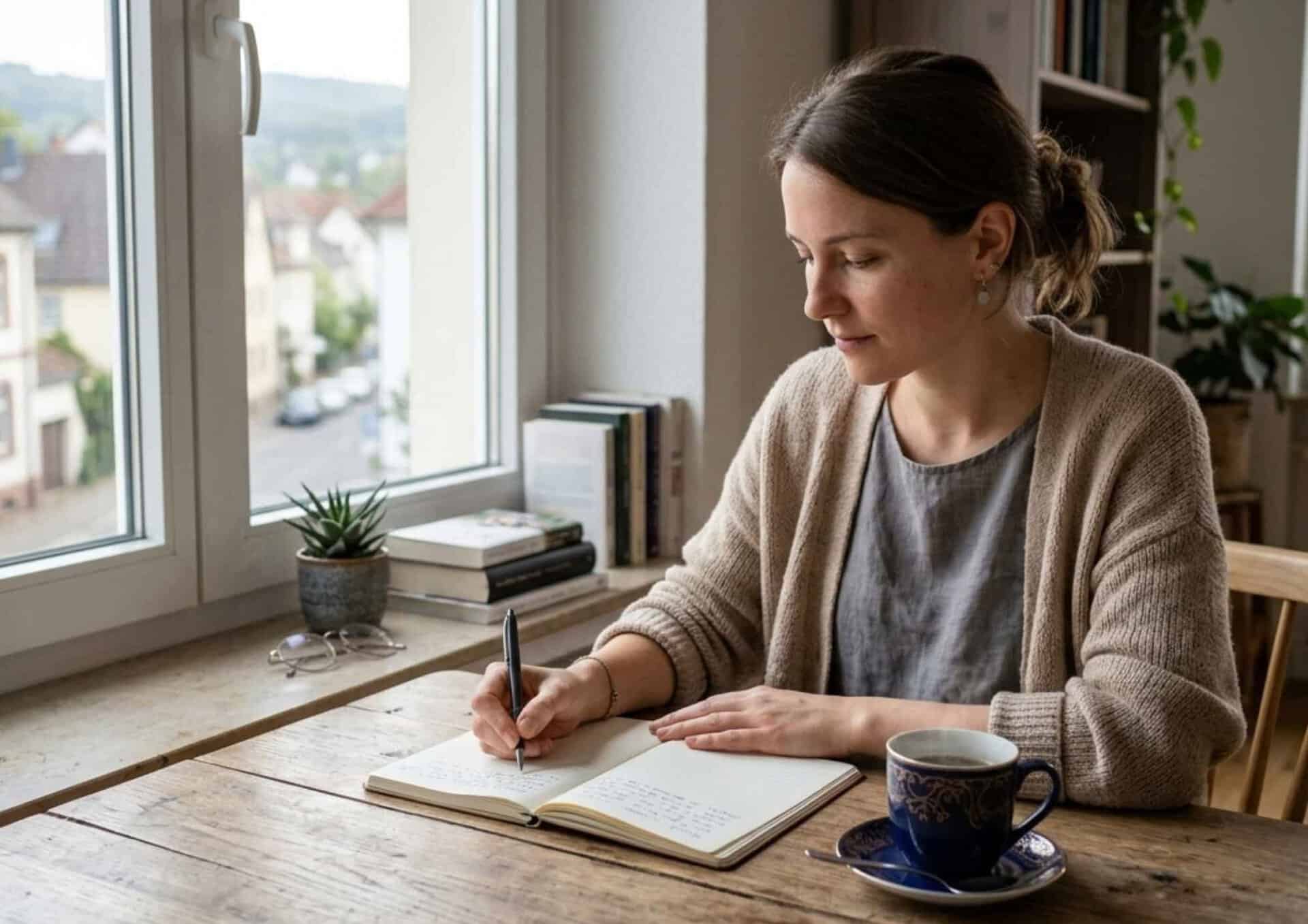 Frau schreibt in Notizbuch am Fenster – Journaling zur Trigger-Erkennung
