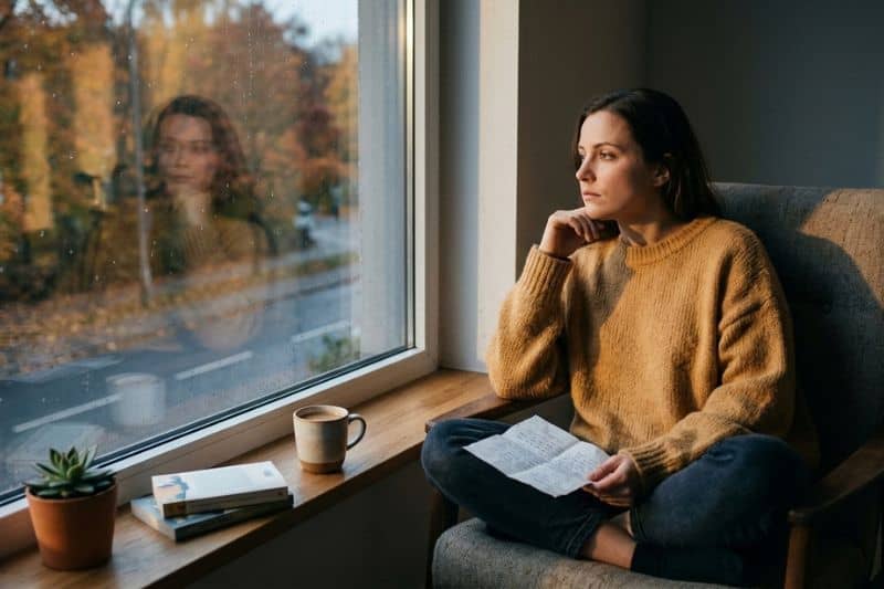 Frau sitzt allein am Fenster und hält einen Abschiedsbrief in der Hand. Sie trauert um eine zerbrochene Freundschaft
