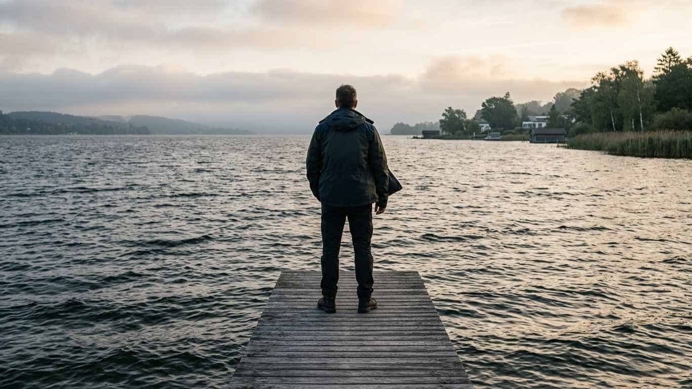 Mann steht ruhig und aufrecht am Ende eines Stegs am See, der Wind weht – emotionale Souveränität und innere Stabilität bei Männern