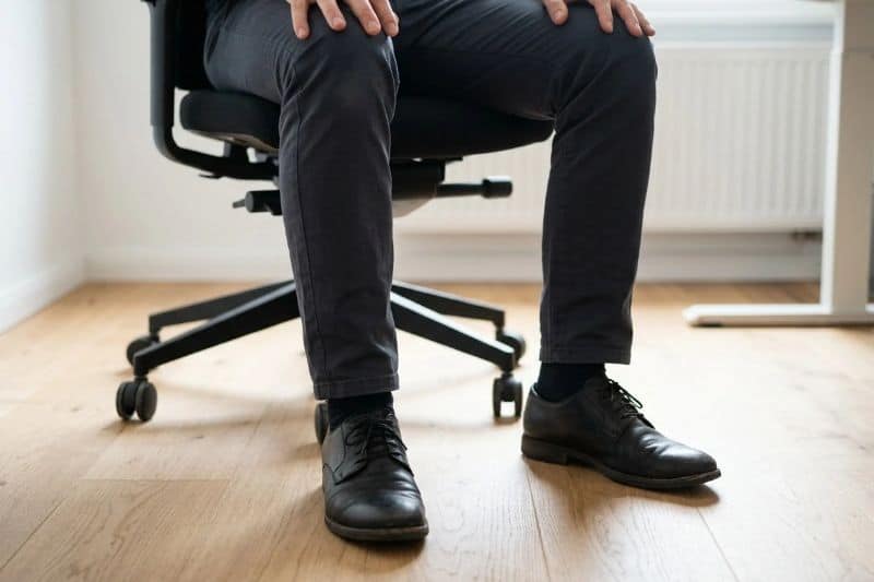 Mann sitzt mit beiden Füßen flach auf dem Boden – Grounding als erster Schritt der Stressbewältigung im Alltag und bei der Arbeit