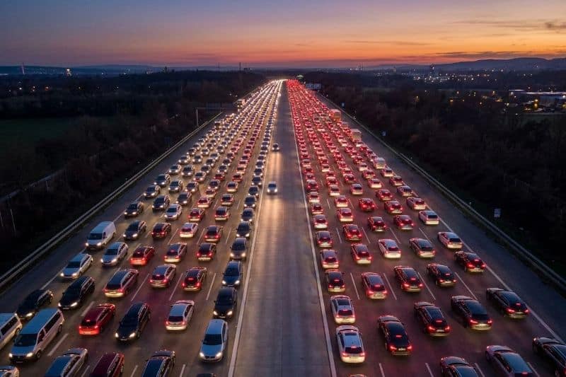 Autobahn im Dauerstau mit freier Rettungsgasse – Bild für ein Nervensystem im Dauerfeuer ohne Erholung